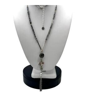 Nakamol Signed Gray Stone Faceted Beads Metal Beaded Tassel Y Lariat Necklace